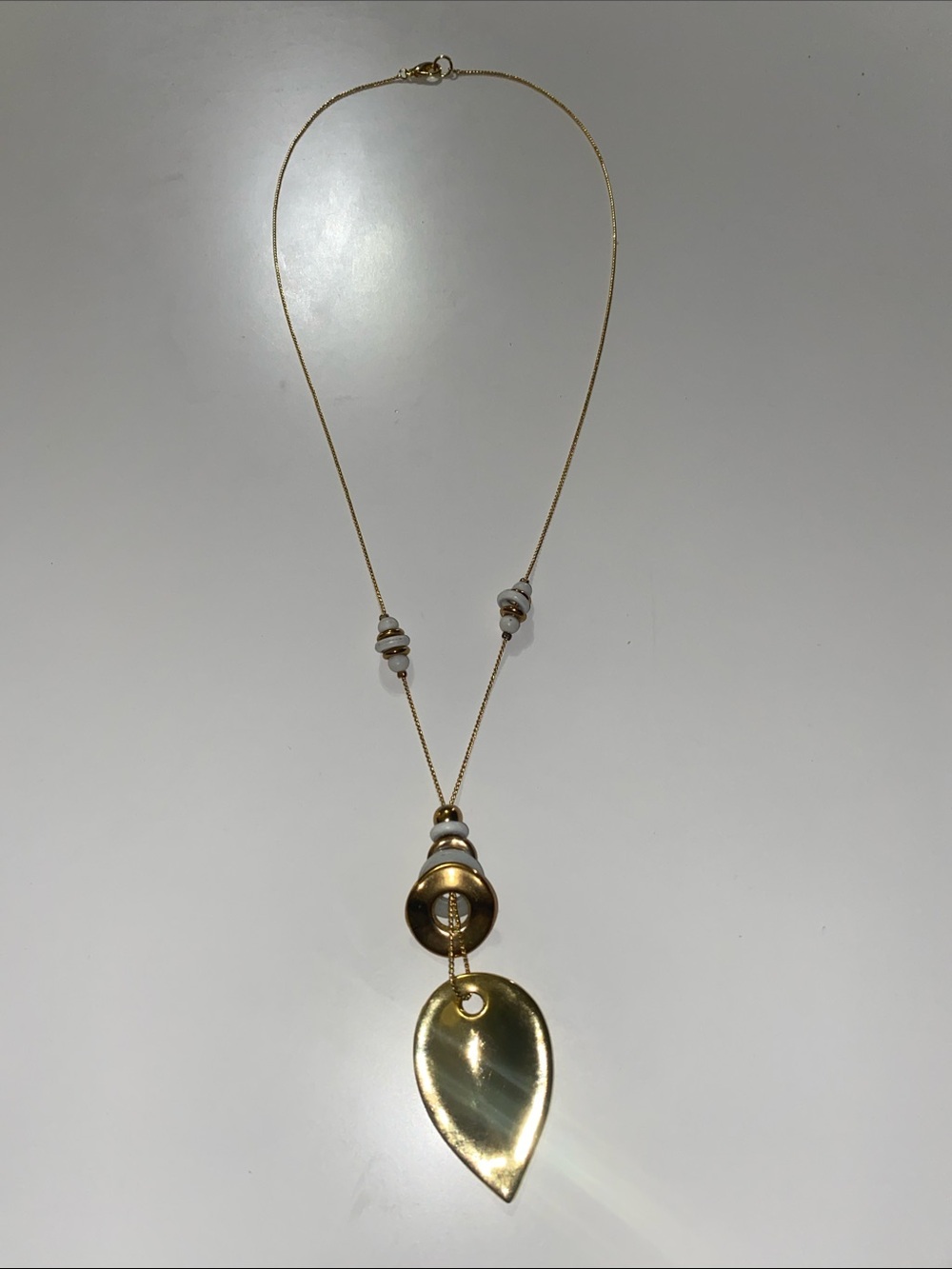 Gold Tone Leaf Pendant Necklace with Bead Accents
